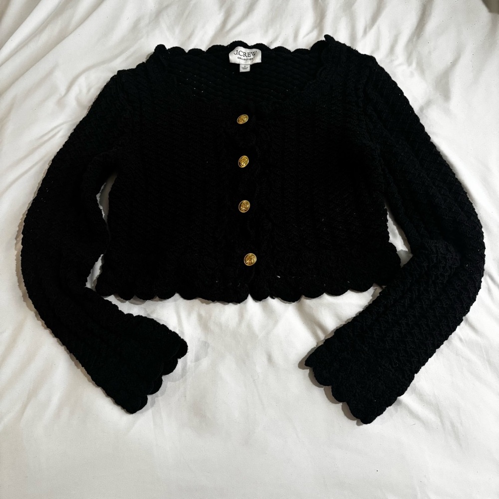 J. Crew Black Cropped Scallop-Edge Knit Cardigan - Picture 2 of 5